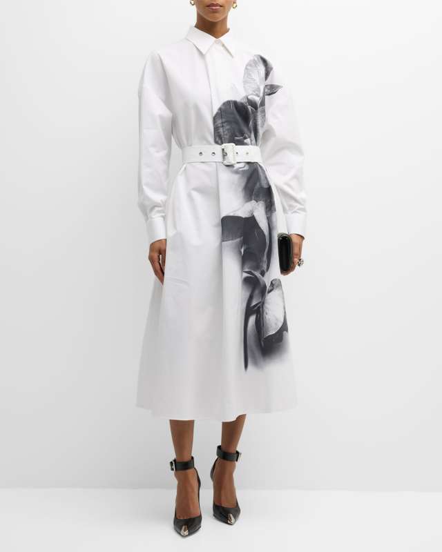 Orchid-Print Poplin Belted Midi Shirtdress
